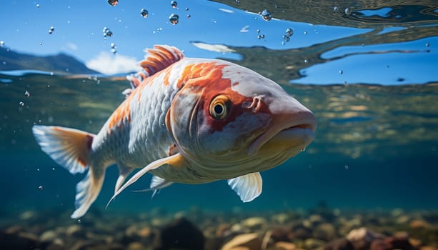 Close up view of Koi fish on clear water background.