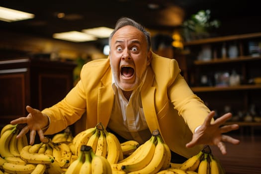Hungry man finding yellow bananas, suprised excited face, hands grab for the fruits, awkward and funny moment