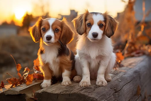 Cute dachsund puppy sitting on a wall, autumn foliage, dog animal