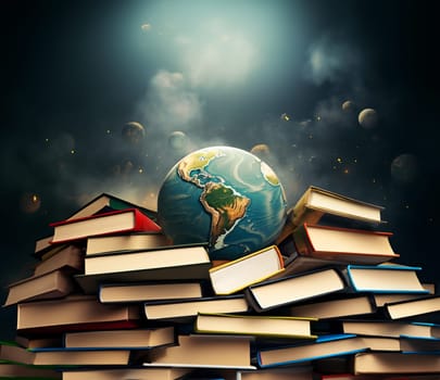 Globe of planet earth and pile of old books, world book day, reading and learning new skill, knowledge is power, education concept