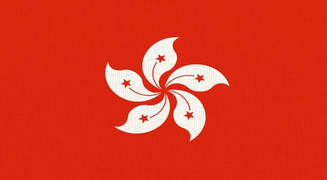 Flag of Hong Kong on fabric surface. Hong Kong national flag on textured background. Fabric texture. Asian country. Hong Kong Special Administrative Region of the People Republic of China