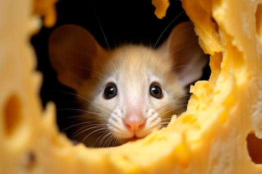 Curious mouse looking out of the hole in the yellow cheese. AI generated