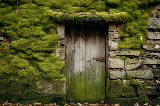 The old wooden door is overgrown with moss on the stone wall. AI generated