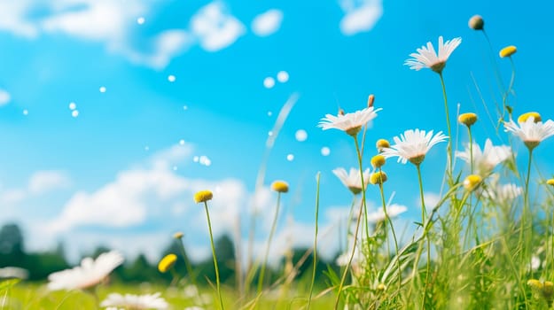 Green grass and chamomile in the meadow. Spring or summer nature scene with blooming white daisies in sunlight. AI generated