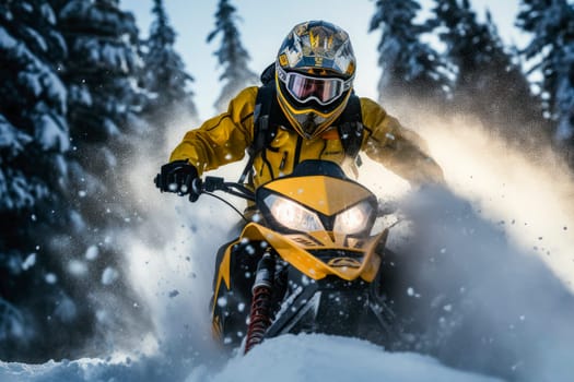 In deep snowdrift snowmobile rider make fast turn.  Extreme sport adventure, outdoor activity during winter holiday. AI generated