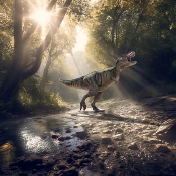 A photorealistic scene depicting a roaring T-Rex positioned in the middle of a Cretaceous forest. The forest features a small river, and sun rays pierce through the trees, creating a dramatic atmosphere. A.I. generated image.