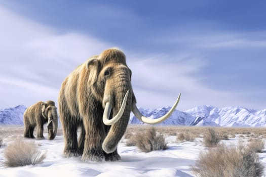 Two majestic mammoths standing in a snow-covered field and dry bushes, with distant mountains in the background. A.I. generated image.