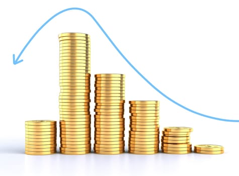 Stacks of gold coins aligned in different heights, with a graphic line illustrating earnings and losses. Viewed from a side perspective. A.I. generated image.