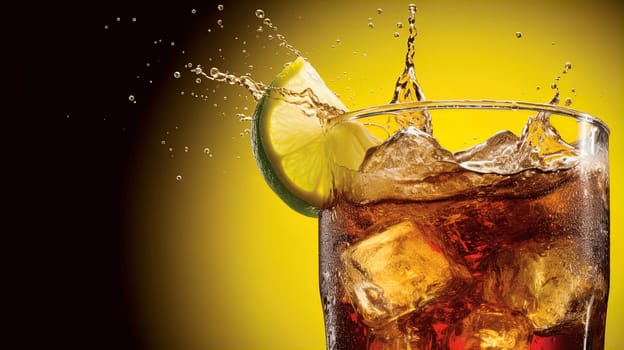close up of the upper part of a coke glass full of liquid, ice and a slice of lime with splash on bright yellow background. A.I. generated image.