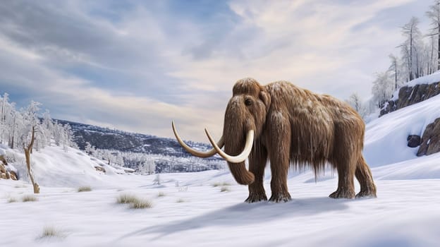 A Mammoth standing in a snow-covered field, surrounded by bushes and small trees. A.I. generated image.