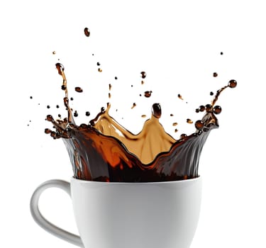 close-up side view of a white coffee mug filled with coffee splashing. The image is set against a clean white background. A.I. generated image.