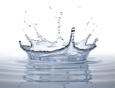 Water crown splash in a water pool, with circular ripples around. Isolated on white background. A.I. generated image.