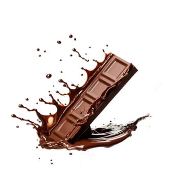 chocolate bar adorned with a captivating splash of liquid chocolate. Set against a clean white background. A.I. generated image.