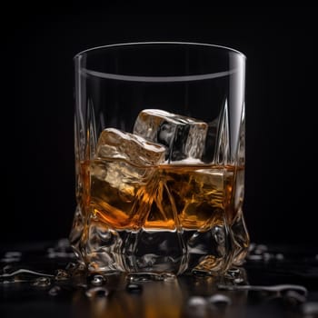 elegant image showcasing a glass of whiskey exuding sophistication accompanied by perfectly placed ice cubes. Set against a sleek black background with surface reflection. A.I. generated image.