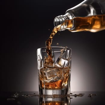bottle of whiskey pouring its amber liquid into a glass over ice cubes. Set against a dark background. A.I. generated image.