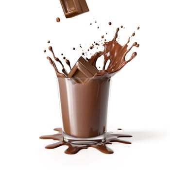 chocolate cubes gracefully splashing into a glass brimming with velvety liquid chocolate, creating captivating splashes. Isolated on a clean white background. A.I. generated image.