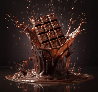 chocolate bar gracefully falling into a pool of luscious liquid chocolate, creating a massive and dynamic splash. Against a dark background. A.I. generated image.
