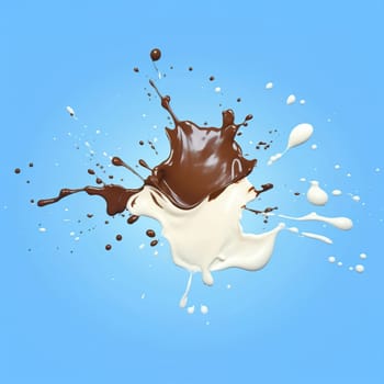Milk and chocolate splashing in the air. On light blue background. A.I. generated image.