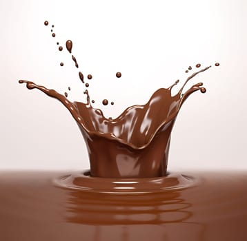 Liquid Chocolate crown splash in a pool of liquid chocolate and ripples. Isolated On white background. perspective low view point. A.I. generated image.