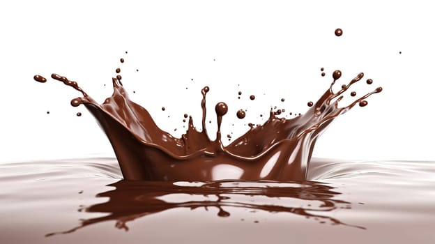 Liquid Chocolate crown splash in a pool of liquid chocolate and ripples. Isolated On white background. perspective low view point, very close up. A.I. generated image.