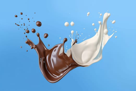 Milk and chocolate splashing in the air. On light blue background. A.I. generated image. A.I. generated image.