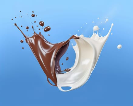 Milk and chocolate splashing in the air. On light blue background. A.I. generated image.