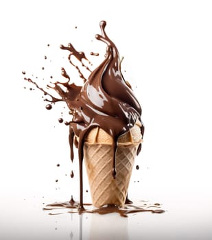 chocolate-flavored ice cream on a crispy waffle cone, with liquid chocolate splashing and dripping down onto the floor, on white background. A.I. generated image.