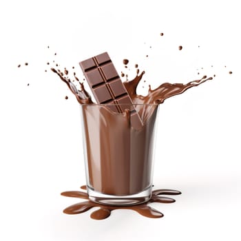 chocolate bar splashing into a glass full of liquid chocolate, creating a splash,. Isolated on a clean white background. A.I. generated image.