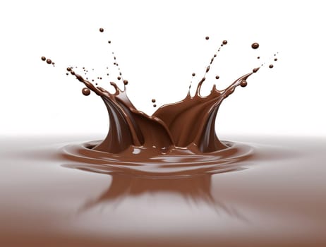 Elegant Liquid Chocolate crown splash in a pool of liquid chocolate. Isolated On white background. perspective low view point. A.I. generated image.