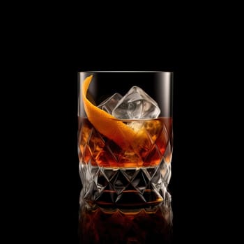elegant glass of Bourbon Old Fashioned, adorned with a tantalizing twist of orange skin and accompanied by glistening ice cubes. A.I. generated image.