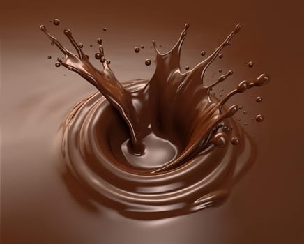 Liquid Chocolate crown splash in a pool of liquid chocolate and ripples. perspective top view, close up. A.I. generated image.