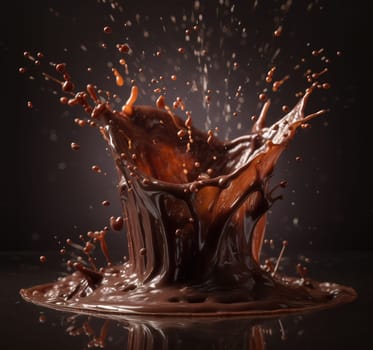 An impactful and visually stunning image featuring a large and dynamic liquid chocolate splash frozen in time against a dark background. A.I. generated image.
