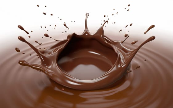 Liquid chocolate crown splash with ripples. Bird eye view. On white background. A.I. generated image.
