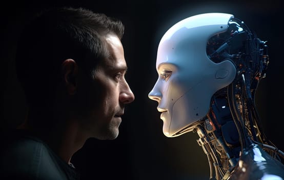 A close-up view of a humanoid female robot and a human male facing each other closely. The image is captured from a side view and set against a dark background. A.I. generated image.