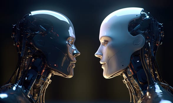 A close-up side view of two humanoid robots, one male and one female, positioned closely and facing each other. The image showcases the intricate details of their design and the interaction between the robots. A.I. generated image.