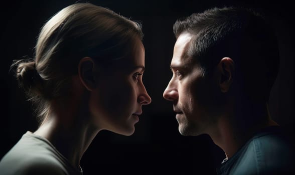 A close-up side view of a woman and a man positioned closely, facing each other. A.I. generated image.