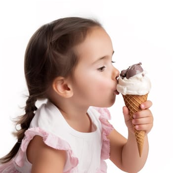 A close-up view of a young girl savoring a homemade vanilla and chocolate ice cream atop a crispy waffle cone. A.I. generated image.