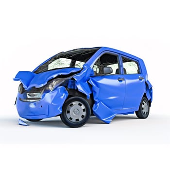 car crashed. Blue city car heavily damaged on the front part. Isolated on white background. Perspective view. A.I. generated image.