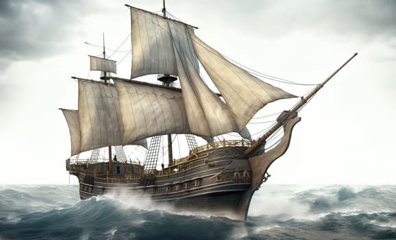 Ancient galleon sailing in the ocean with very rough sea and big waves. A.I. generated image.
