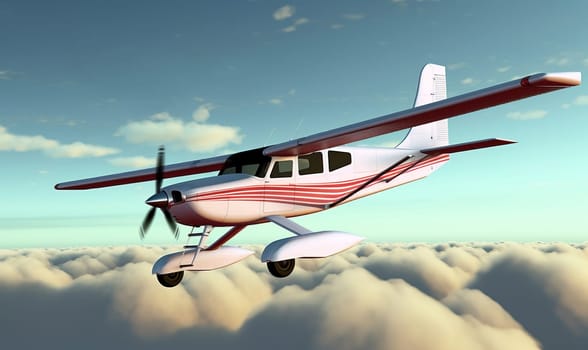 A small airplane flying against a sky background. A.I. generated image.