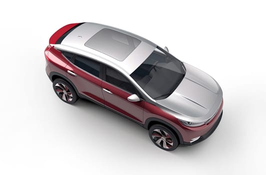 A bird's-eye view of a generic modern SUV car featuring a striking bicolor design in silver and metallic red. The image is set against a clean white background, accentuating the car's sleek and contemporary aesthetic. A.I. generated image.