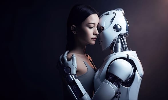 A humanoid male robot tenderly embraces a young woman in a gentle and affectionate hug against a dark background. The image evokes a sense of intimacy and emotional connection. A.I. generated image.