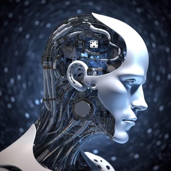 Head of a humanoid robot featuring a section of the face made of white synthetic material, revealing detailed robotic mechanisms inside. The image is set against a futuristic abstract background. A.I. generated image.