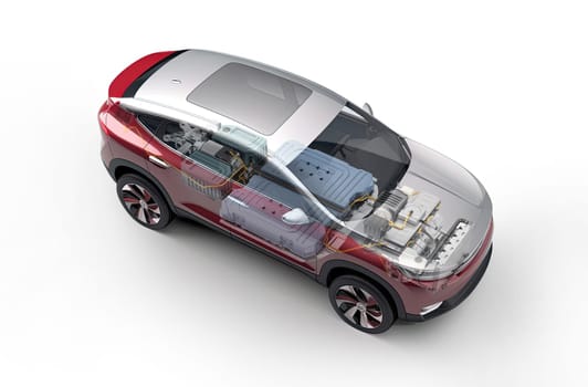 A perspective bird's-eye view of a generic electric SUV car with its main internal system parts depicted in a ghostly transparent effect. On white background. A.I. generated image.