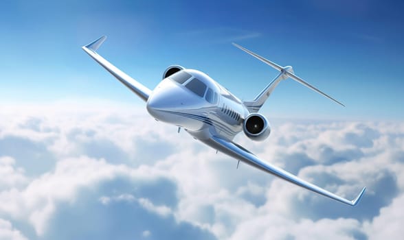 Private jet airplane flying above the clouds. Perspective front view. A.I. generated image.