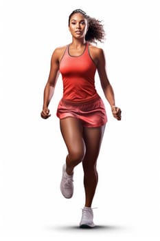 Young woman in sportswear looking at camera, walking on white background. Artificial Art