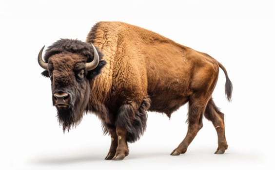 Powerful American Bison Grazing in a White Studio Background. Artificial Art.