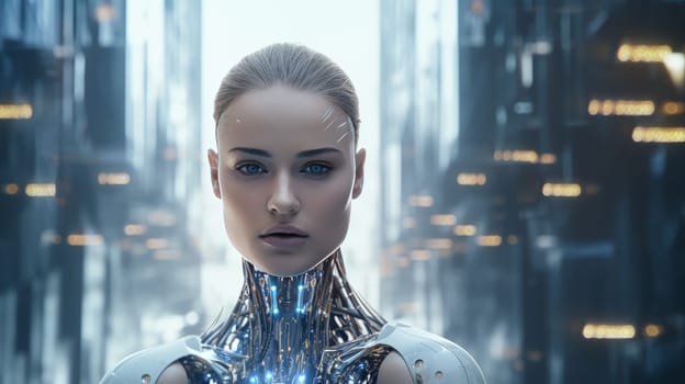 Concept of advanced artificial Intelligence with a android woman portrait. Generated artificial art