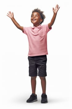 Cheerful Boy with Raised Arms in Casual Clothing, Smiling at Camera on White Background. Artificial Art
