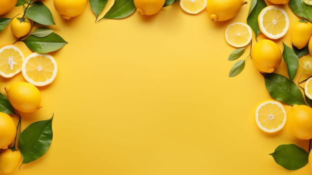 Beautiful backdrop with yellow lemons and green leaves on yellow background. Artificial Art